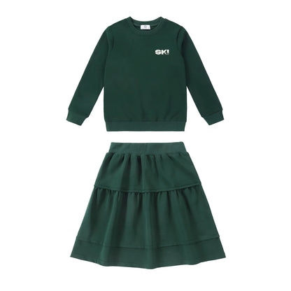 Kids Ski Graphic Cotton Outfits in Ecru, Hunter Green and Acid Wash Grey, Coordinating Sweatshirts, Dresses and Baby Sets for Sibling Matching Looks
