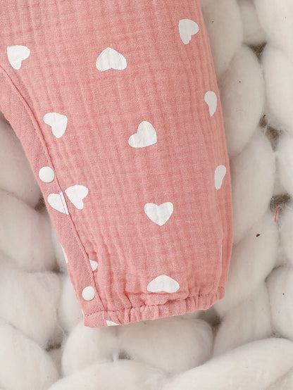 Baby Girl Heart Print Romper with Shoulder Ruffles and Bow Details, Long Sleeve Cotton Jumpsuit with Inner-Leg Snaps, Sizes 0-6 Months
