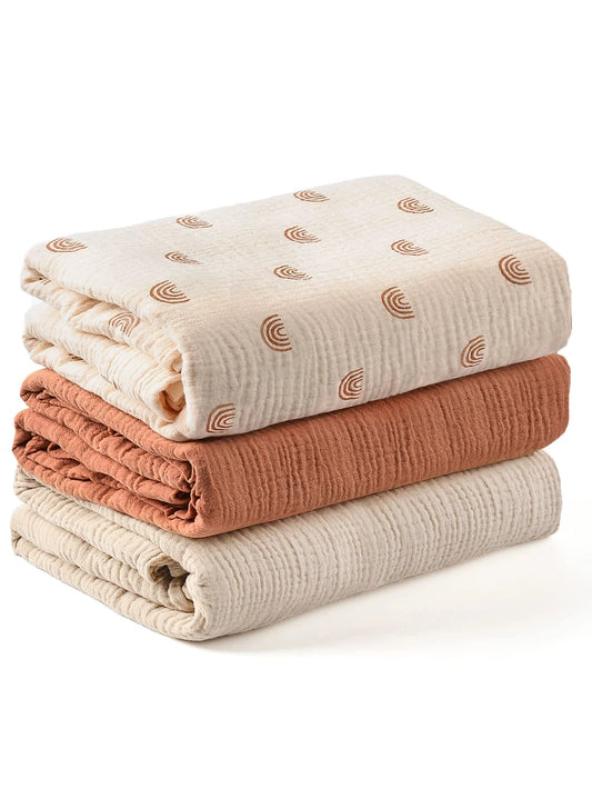 3-Piece Muslin Receiving Blanket Set for Newborn Care, Soft Breathable Baby Wraps with Printed and Solid Design Options in 120 x 100 or 80 x 65 cm