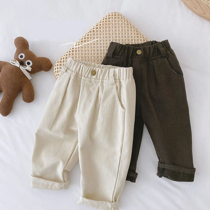 Toddler Cotton Canvas Pants with Elastic Waist and Side Pockets, Unisex Beige or Dark Gray Casual Trousers for Spring and Fall, Sizes 12M-6T