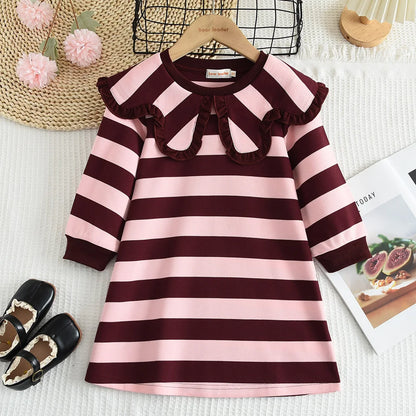 Toddler Girls Floral Dress with Oversized Collar and Long Sleeves, Bear Leader Outfit in Sizes 2T–6T for Spring, Fall and Family Photos