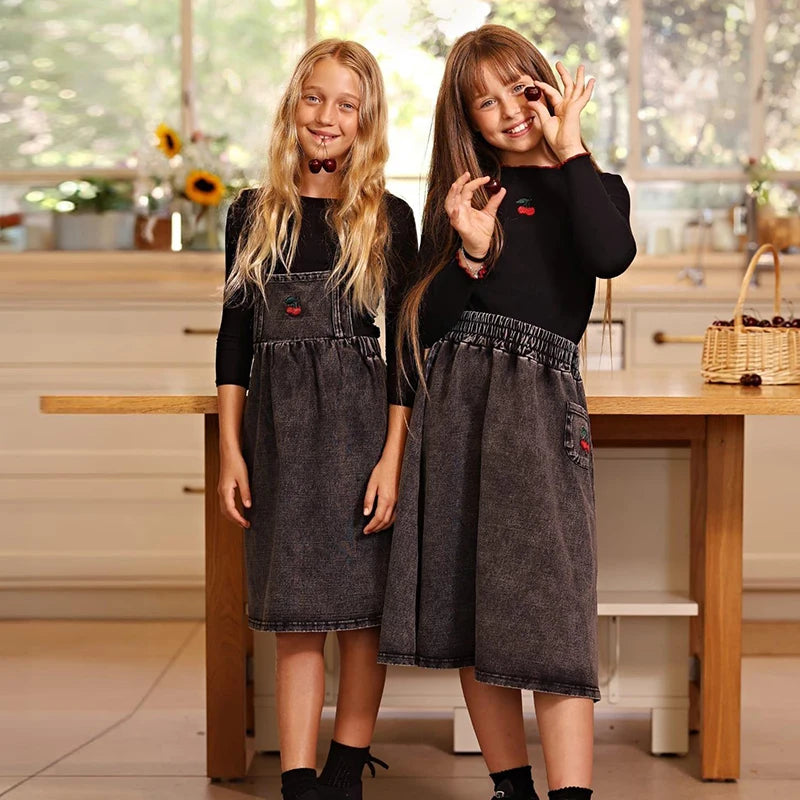 Black Denim Family Matching Outfits with Embroidered Details, Girls Dresses and Skirts, Boys Shirts and Baby Sets for Sibling Photos