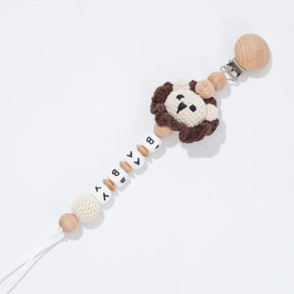 Custom Name Pacifier Clip with Crochet Animal Detail, Beech Wood Holder and Letter Beads, Personalized Baby Shower Gift for Everyday Outings