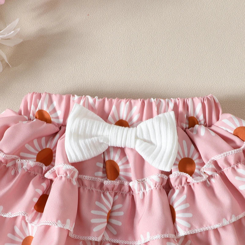 Infant Girls Summer Clothing Set with Ruffle Sleeve Ribbed Romper, Floral Bow Shorts and Matching Headband, 3-Piece Outfit for 0-24 Months