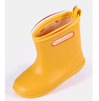 Solid Color Kids Rain Boots in PVC with Rear Pull Tabs, Mid-Calf Pull-On Rainy-Day Shoes for Boys and Girls, Eight Colors and Listed Sizes 5-12