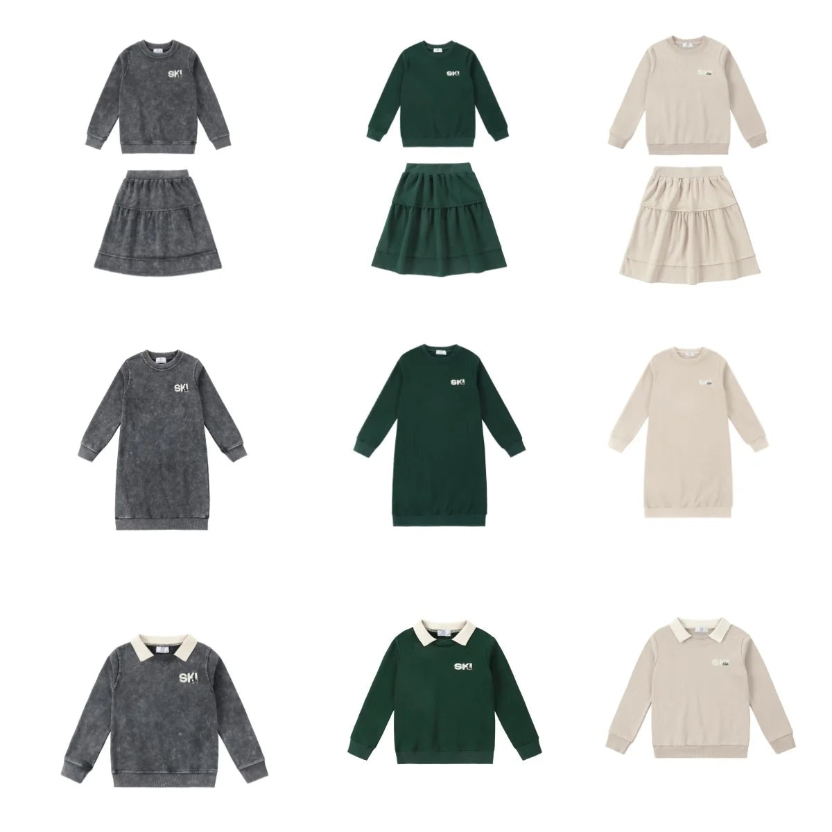 Kids Ski Graphic Cotton Outfits in Ecru, Hunter Green and Acid Wash Grey, Coordinating Sweatshirts, Dresses and Baby Sets for Sibling Matching Looks