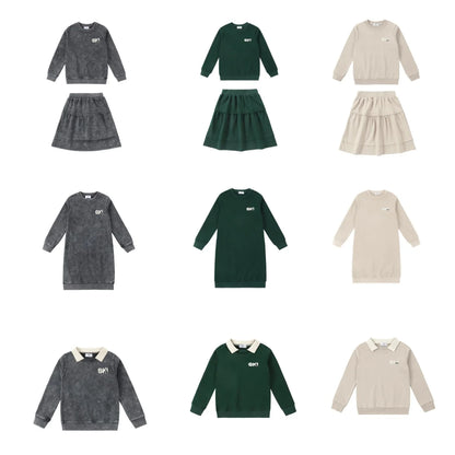 Kids Ski Graphic Cotton Outfits in Ecru, Hunter Green and Acid Wash Grey, Coordinating Sweatshirts, Dresses and Baby Sets for Sibling Matching Looks