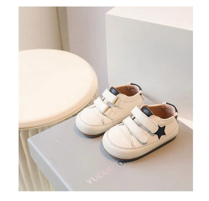 Toddler Star Sneakers with Double Hook-and-Loop Straps, Microfiber Leather Baby Boys and Girls Casual Shoes in Red Silver or Dark Blue, Sizes 15-27