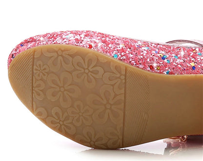 Girls Butterfly Glitter Dress Shoes with Sparkling Wing Accents, Buckled Strap and Block Heel for Princess Parties, Weddings and Special Outfits