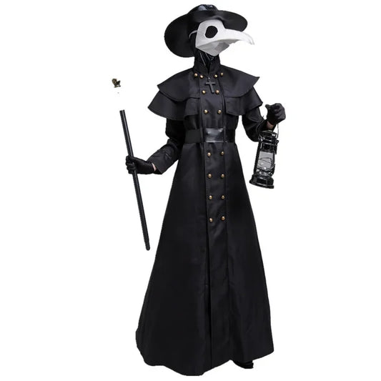 Plague Doctor Costume Robe with Black Long Coat Styling and Layered Shoulder Cape, Steampunk-Inspired Outfit for Halloween and Horror Cosplay
