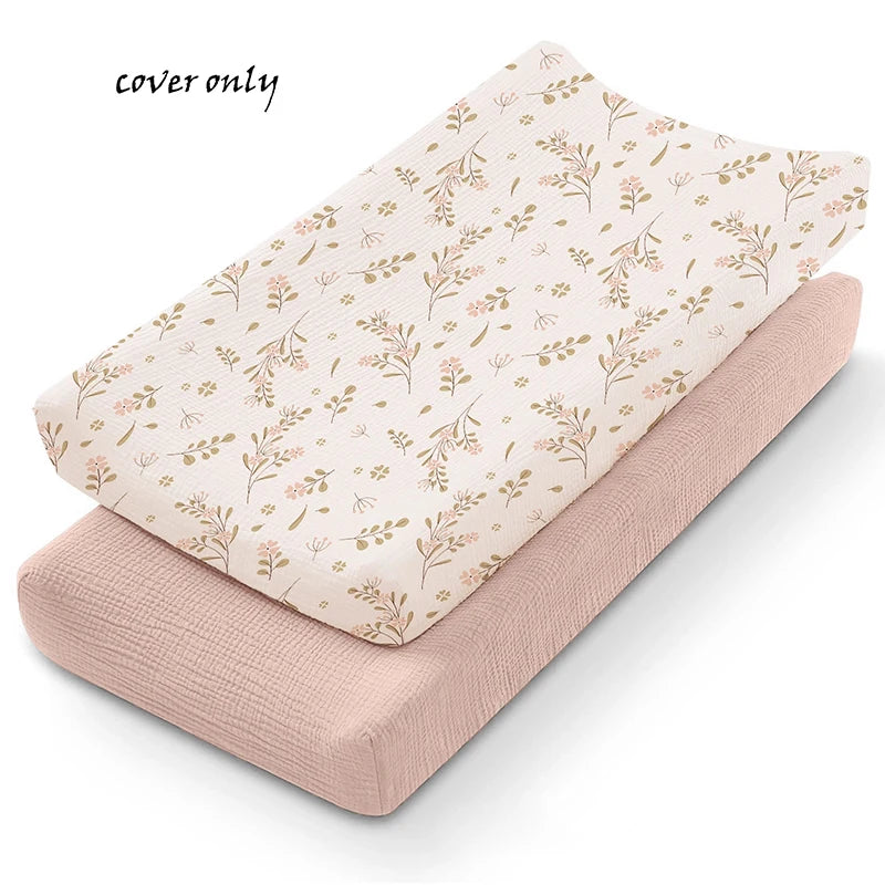 Muslin Cotton Changing Pad Covers 2-Pack with Elastic Edges, Double-Layer Baby Diaper Mat Covers for Newborn Nursery Care and Baby Shower Gifts