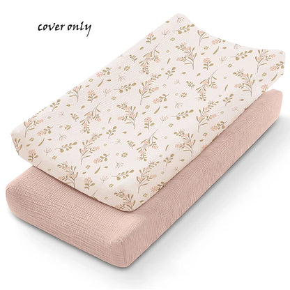 Muslin Cotton Changing Pad Covers 2-Pack with Elastic Edges, Double-Layer Baby Diaper Mat Covers for Newborn Nursery Care and Baby Shower Gifts