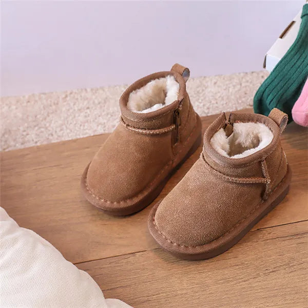 Toddler Plush Winter Booties with Contrast Stitching and Rear Pull Tabs, Camel, Black or Army Green Short Boots for Boys and Girls, Sizes 18-25
