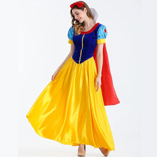 Adult Snow White Costume Dress with Headdress, Blue Bodice, Yellow Skirt and Puff Sleeves for Womens Halloween Parties and Princess Cosplay