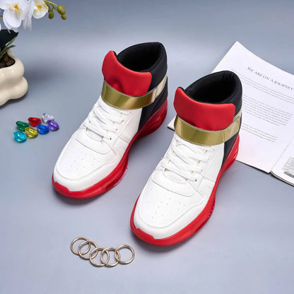 Shadow-Inspired High-Top Sneakers with Red Soles, White and Black Panels and Gold Strap Detail for Kids, Teens and Adult Casual Outfits