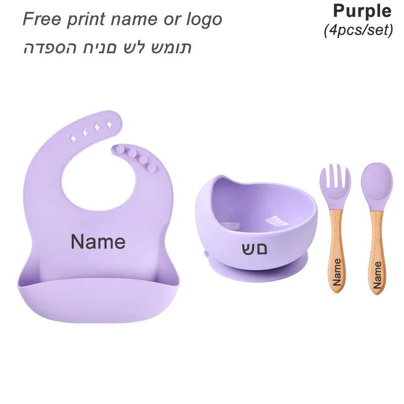 Personalized Baby Feeding Set with Silicone Suction Plate, Bowl, Spoon and Fork, 4-Piece or 6-Piece Tableware Options for Supervised Mealtimes