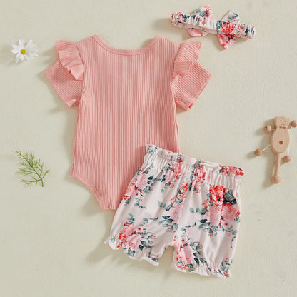 Baby Girl Summer Outfit Set, 3-Piece Ribbed Short Sleeve Romper with Floral or Cow Print Bow Shorts and Matching Headband, 0-18 Months