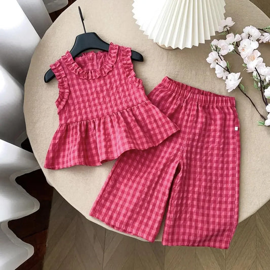 Girls Gingham Pants Set with Sleeveless Ruffle Peplum Top and Elastic Waist Wide Leg Palazzo Pants, Retro Plaid Two-Piece Outfit, 2T–7T