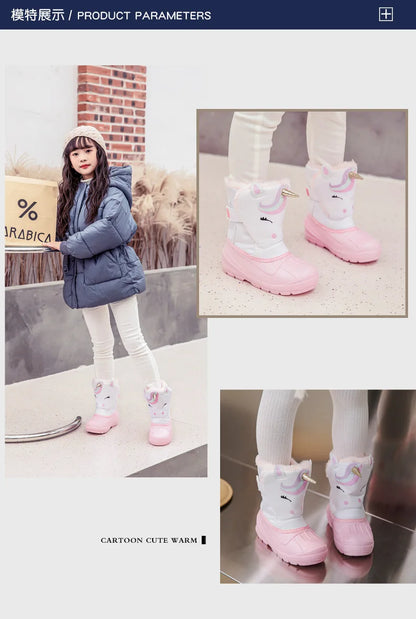Kids Unicorn Winter Boots with Plush Trim, Gold-Tone Horn and Ear Details, Pink and White Fantasy-Themed Cold-Weather Footwear for Girls
