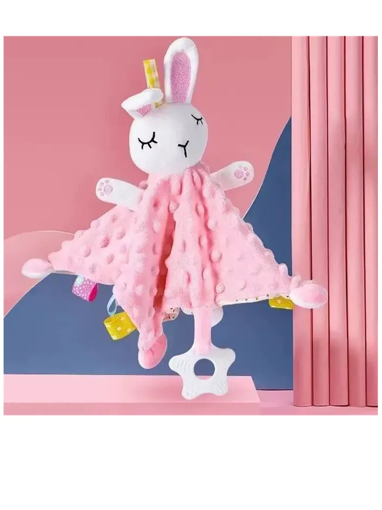 Bunny Lovey Blanket with Star-Shaped Teether, Textured Plush Rabbit Comforter and Colorful Ribbon Tags for Supervised Baby Play and Shower Gifts