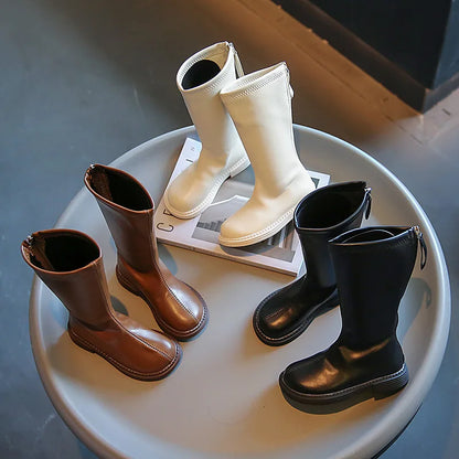 Back-Zip Girls Tall Boots in PU with Round Toes and Minimalist Styling, Khaki, Beige or Black Fashion Shoes for Spring and Autumn, Sizes 26-36