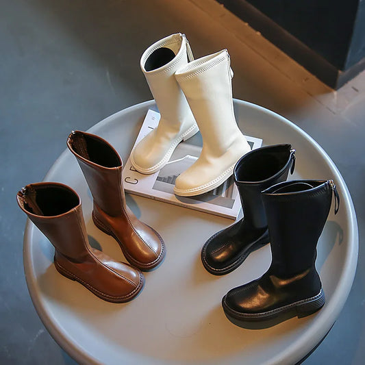 Back-Zip Girls Tall Boots in PU with Round Toes and Minimalist Styling, Khaki, Beige or Black Fashion Shoes for Spring and Autumn, Sizes 26-36