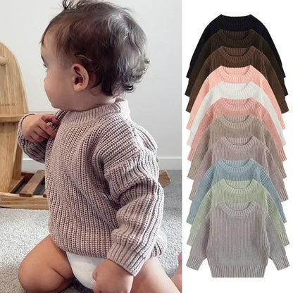 Cotton Crewneck Baby Sweater for Boys and Girls, Long Sleeve Ribbed Knit Pullover for Infants and Kids, Everyday Cool Weather Layering