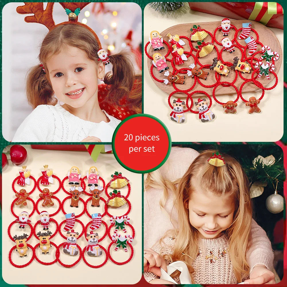 Christmas Hair Ties for Girls, 20-Piece Red Elastic Ponytail Holder Set with Santa, Reindeer, Bells and Festive Charms for Holiday Hairstyles