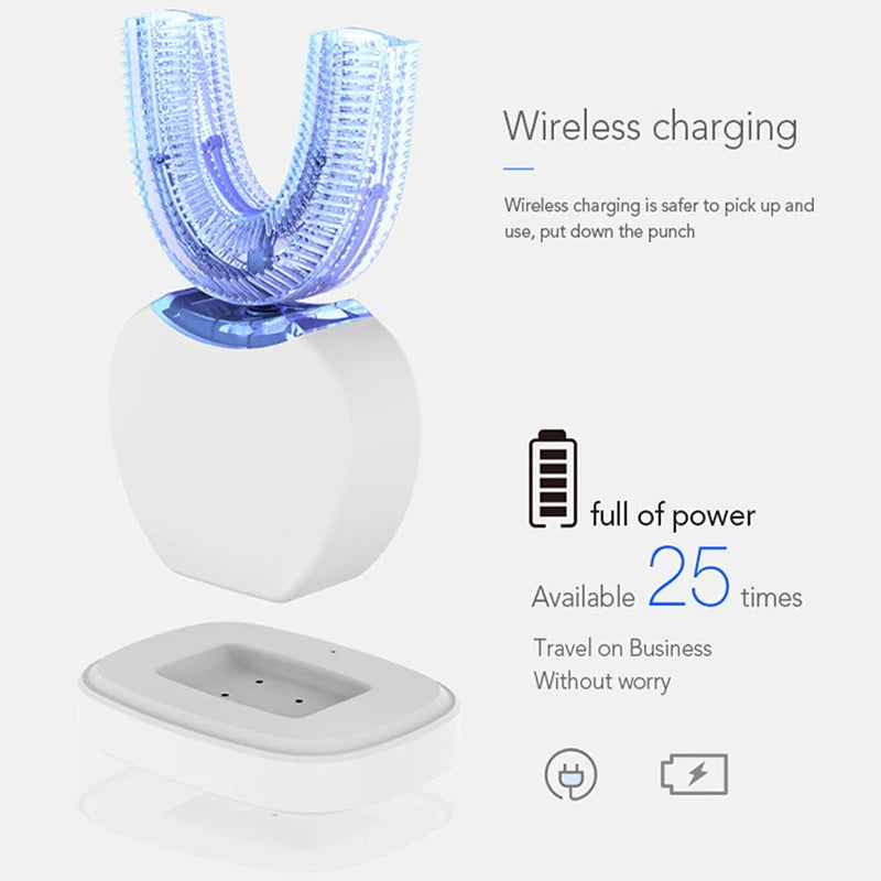 Automatic U-Shaped Electric Toothbrush with Sonic Vibration, USB Rechargeable Design and Blue Light in White, Black, Blue or Pink