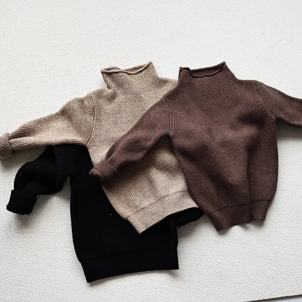 Kids Ribbed Turtleneck Sweater for Boys and Girls, Long Sleeve Knit Pullover in Beige, Brown or Black for Spring and Fall Layering, Sizes 12M-6T