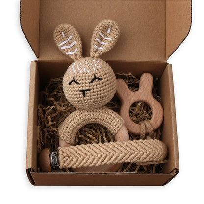 Crochet Animal Rattle Set with Wooden Ring and Coordinating Accessories, Rabbit, Deer and More Designs for Supervised Play and Baby Shower Gifts