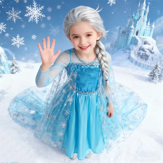 Light Blue Princess Dress for Girls with Long Sleeves and Sequin Bodice, Elsa-Inspired Snowflake Costume for Birthdays, Halloween and Dress-Up