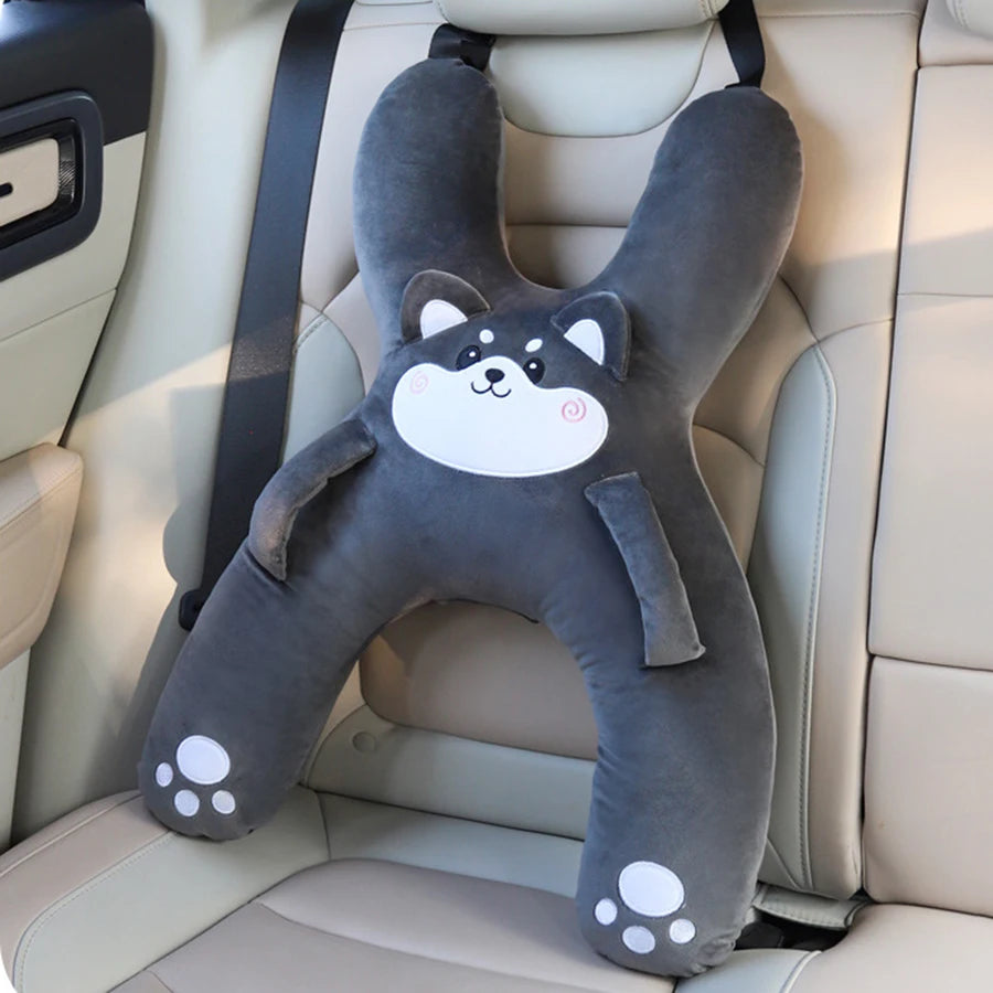 Kids Car Neck Pillow for Back Seat Travel, Child Head Support Accessory with Seat Belt Attachment for Road Trips and Long Drives