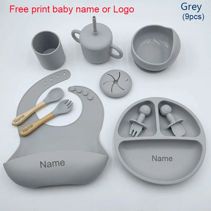 Nine-Piece Personalized Silicone Feeding Set with Suction Bowl, Divided Plate, Pocket Bib, Cups and Utensils for Supervised Baby Mealtimes