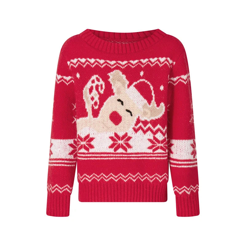 Reindeer Family Christmas Sweaters in Red or Green, Matching Mom Dad and Kids Long Sleeve Crewneck Pullovers for Holiday Photos and Parties