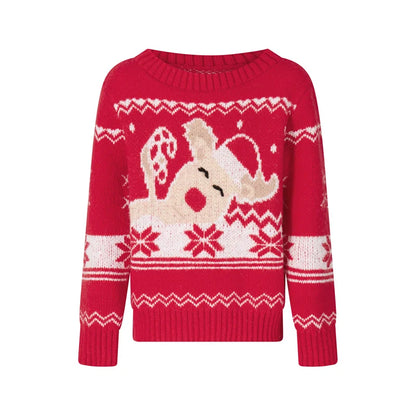 Reindeer Family Christmas Sweaters in Red or Green, Matching Mom Dad and Kids Long Sleeve Crewneck Pullovers for Holiday Photos and Parties