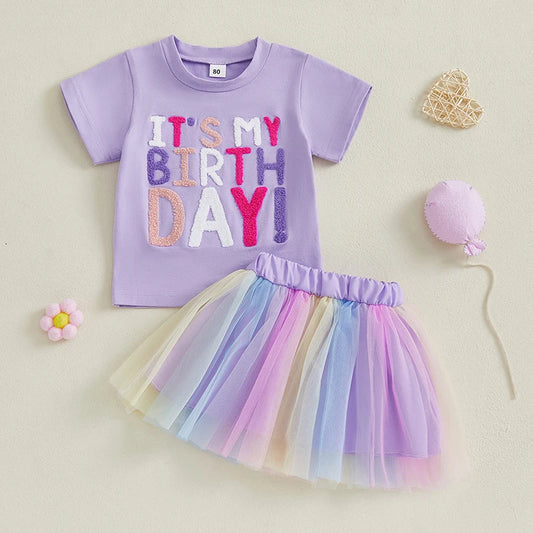 Toddler Girl Birthday Outfit with Purple Embroidered Tee and Pastel Rainbow Tulle Skirt, Two-Piece Party and Photo Set, 12 Months-6 Years