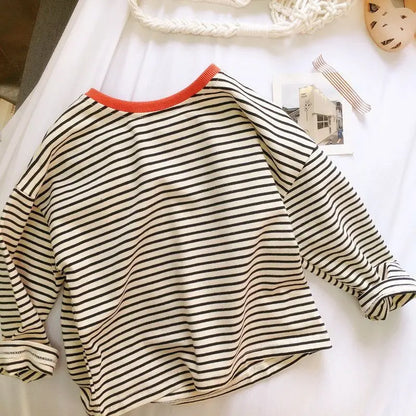 Toddler Striped Long Sleeve Shirt with Contrast Crewneck, Relaxed Fit Black or Orange Tee for Boys and Girls, Baby Sizes 9-12M to 5T