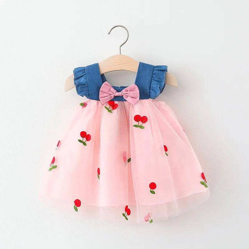 Baby Girl Cherry Dress, Pink or White Layered Skirt with Blue Ruffle Shoulder Straps and Front Bow for Summer Parties and Birthday Photos