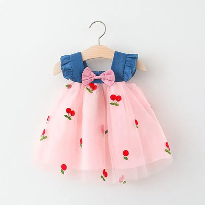Baby Girl Cherry Dress, Pink or White Layered Skirt with Blue Ruffle Shoulder Straps and Front Bow for Summer Parties and Birthday Photos