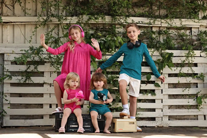 Rose Pink and Blue Kids Coordinated Outfits, Girls Dress, Boys Tops and Baby Set or Footie Options for Sibling Photos and Family Visits