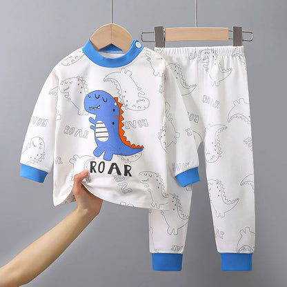 Dinosaur Print Kids Cotton Two-Piece Set with Long Sleeve Top and Matching Cuffed Pants, Unisex Baby and Toddler Outfit in Sizes 73-130