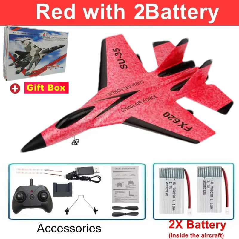 RC Airplane SU35 Fighter, Oike EPP Foam Plane with 2.4 GHz Control, Gyroscope and LED Lights for Outdoor Flying, One or Two Battery Options