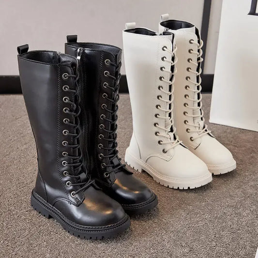 Girls Knee High Combat Boots with Lace-Up Front and Side Zipper, Black or Beige Tall Motorcycle-Inspired Fashion Shoes in Sizes 27–37