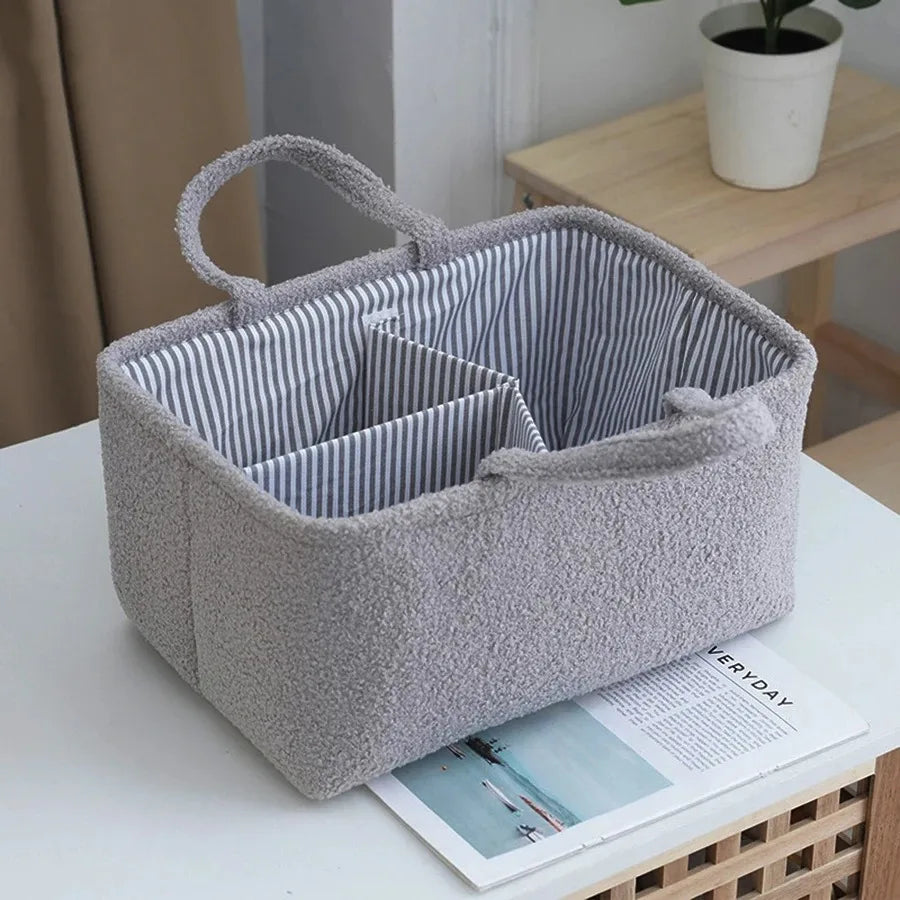 Striped-Lining Diaper Caddy with Plush-Textured Exterior, Three Compartments and Carry Handles for Nursery Supplies and Baby Bottle Storage