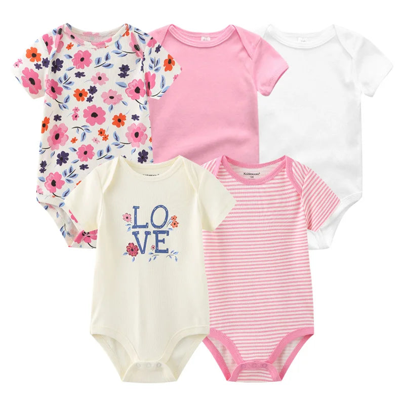 Infant Cotton Bodysuits 5-Pack with Short Sleeves and Envelope Shoulders, Solid Colors and Playful Prints for Baby Boys and Girls, Sizes 3M-12M