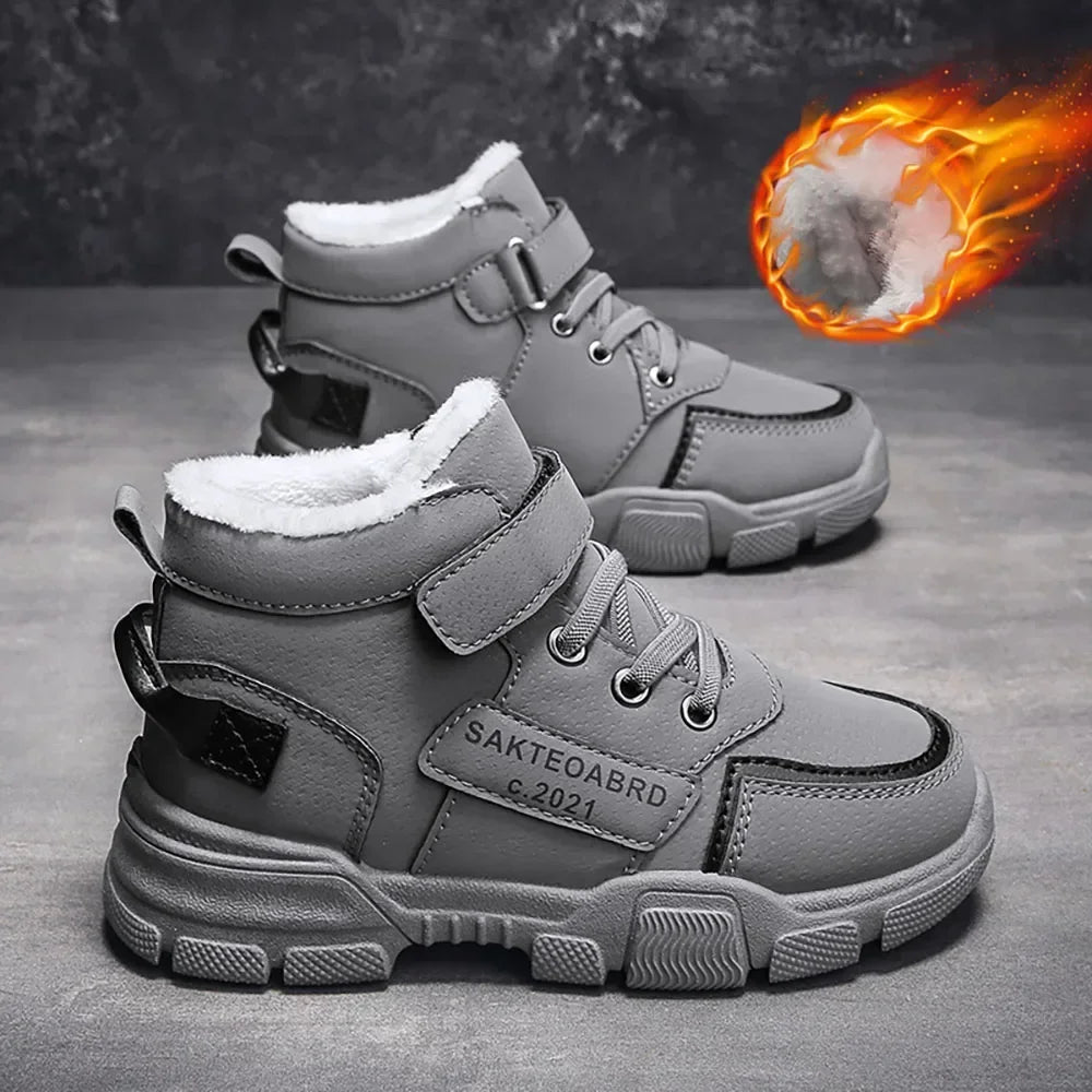 Kids Plush-Lined Winter Boots with Hook-and-Loop Ankle Strap and Lace-Up Front, Gray or Khaki High-Top Casual Shoes with Chunky Sole in Sizes 26–37