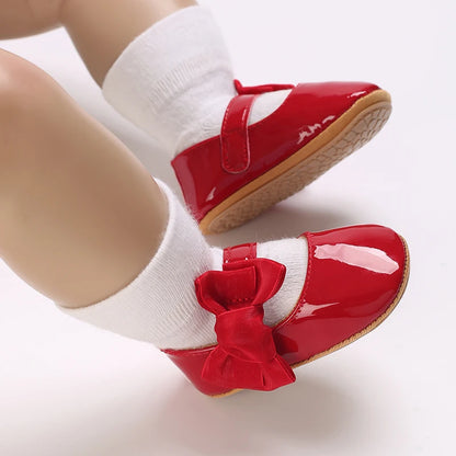 Baby Girl Mary Jane Shoes with Bow Detail and Glossy Finish, Round-Toe Infant Dress Flats for Spring Outfits, Parties and Photos, 0-18 Months