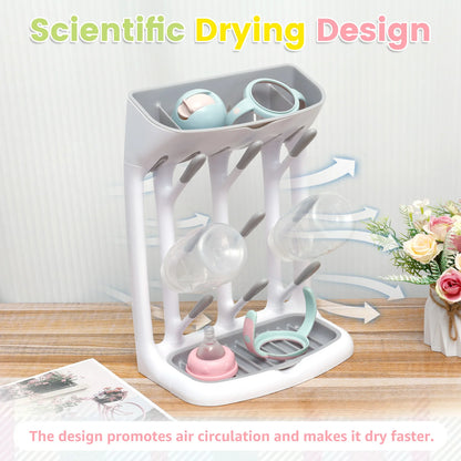 Angled-Holder Baby Bottle Drying Rack with Top Accessory Storage and Detachable Drain Tray, ABS and PP Countertop Feeding Organizer