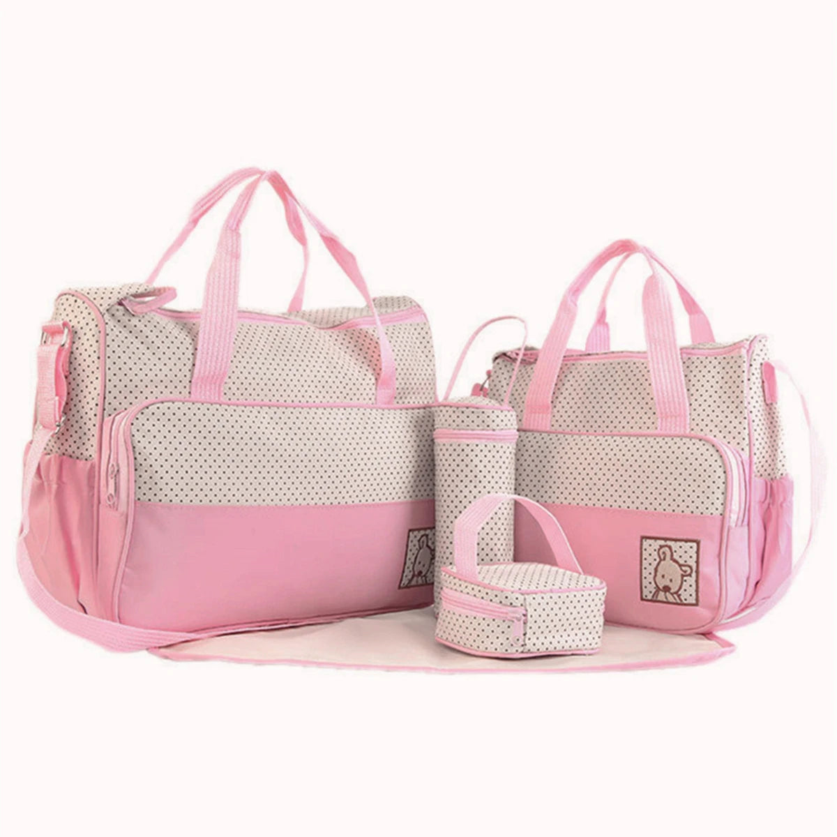 Diaper Bag Set 5 Piece with Polka Dot Design, Large Mommy Tote and Coordinating Storage Bags for Baby Essentials, Daily Outings and Travel